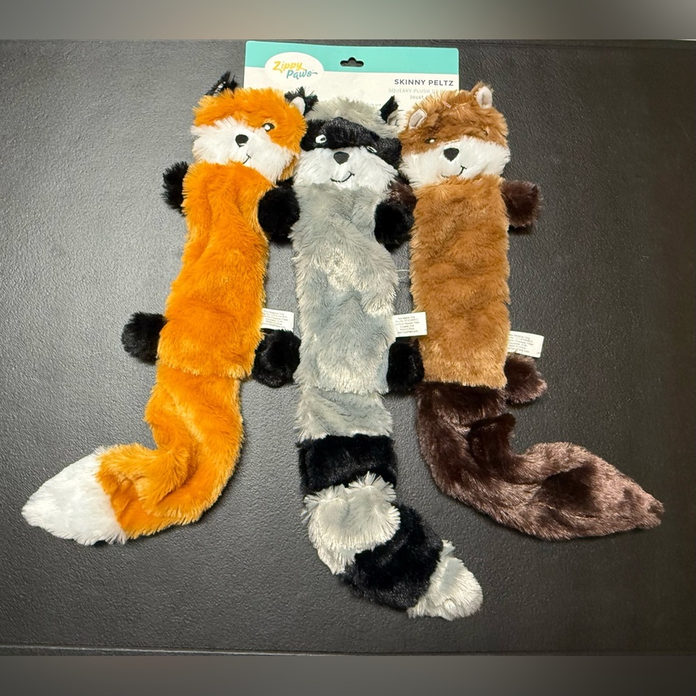 ZippyPaws NWT Skinny Peltz 3-Pack Plush Squeaky Dog Toys Fox Raccoon Squirrel